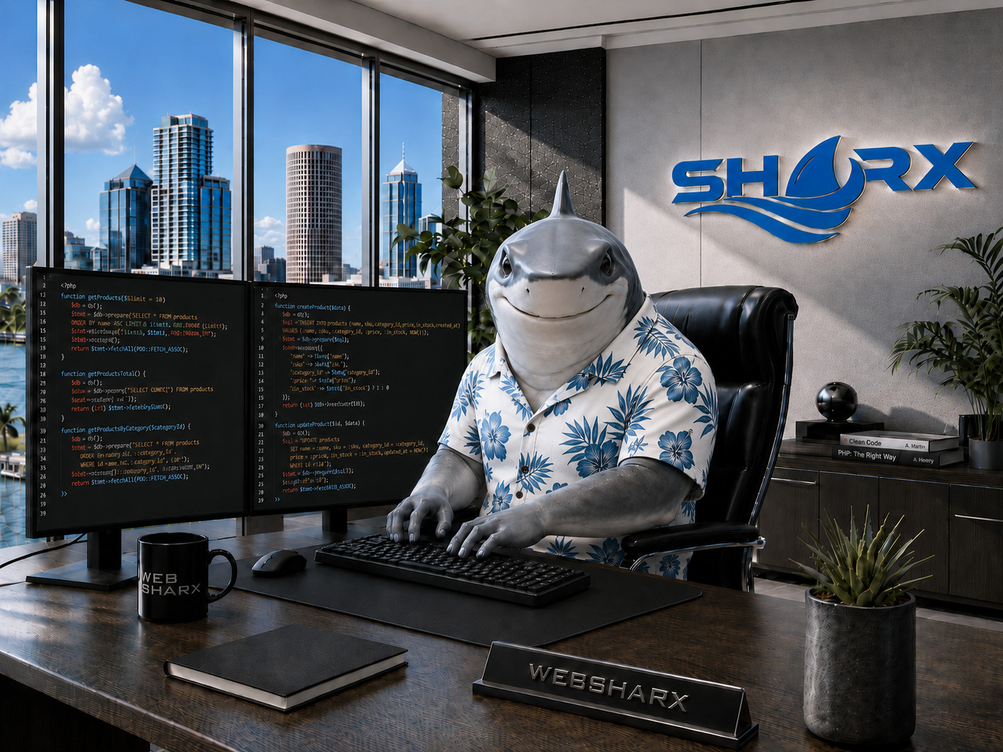 WebSharX shark mascot in the Tampa, FL office